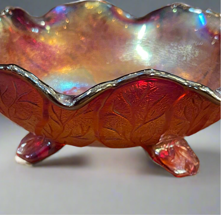 Vintage Imperial Red Iridescent Carnival Acanthus Leaf footed 6.75" bowl