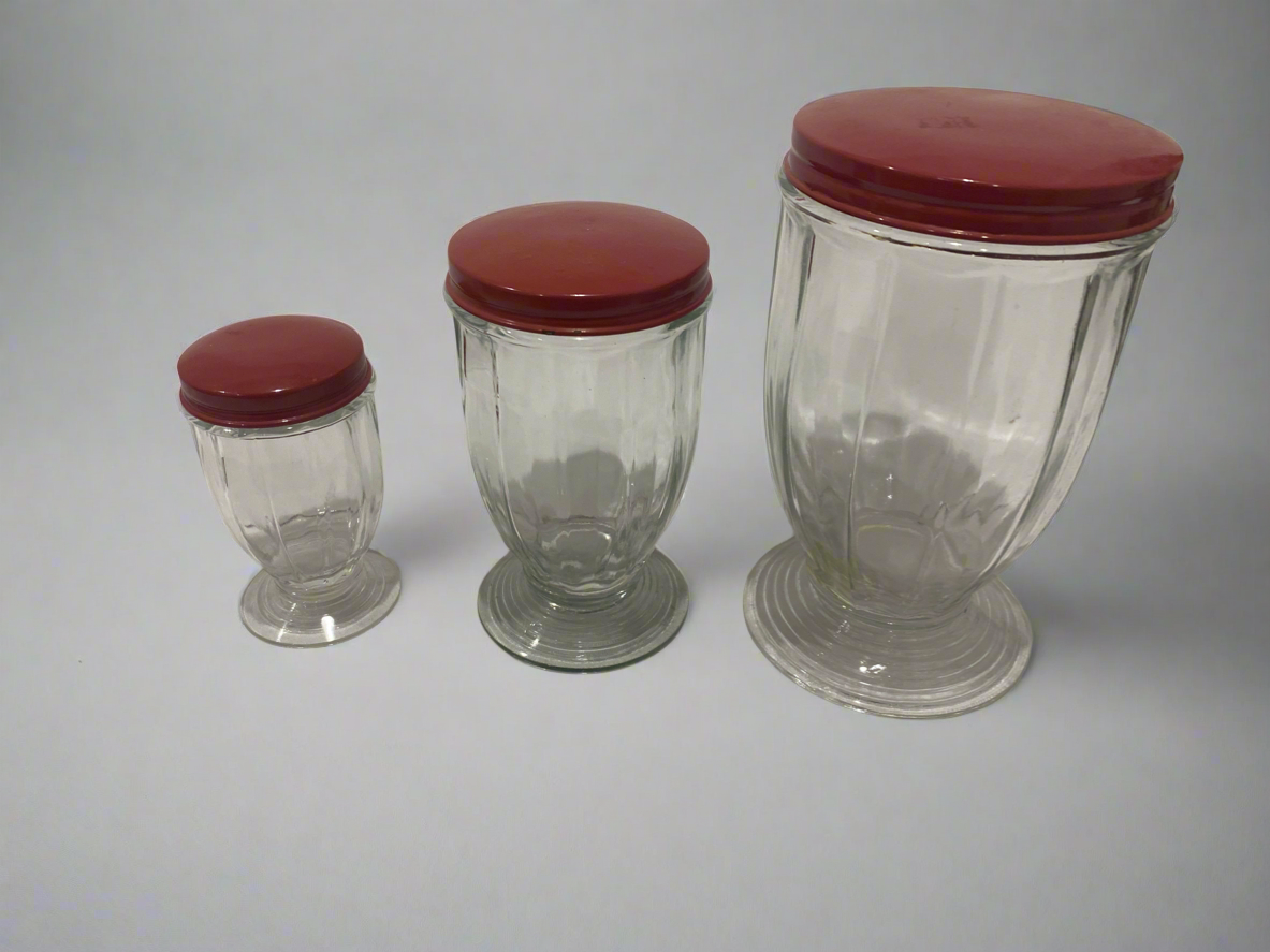 3 Glass Canisters red lid set