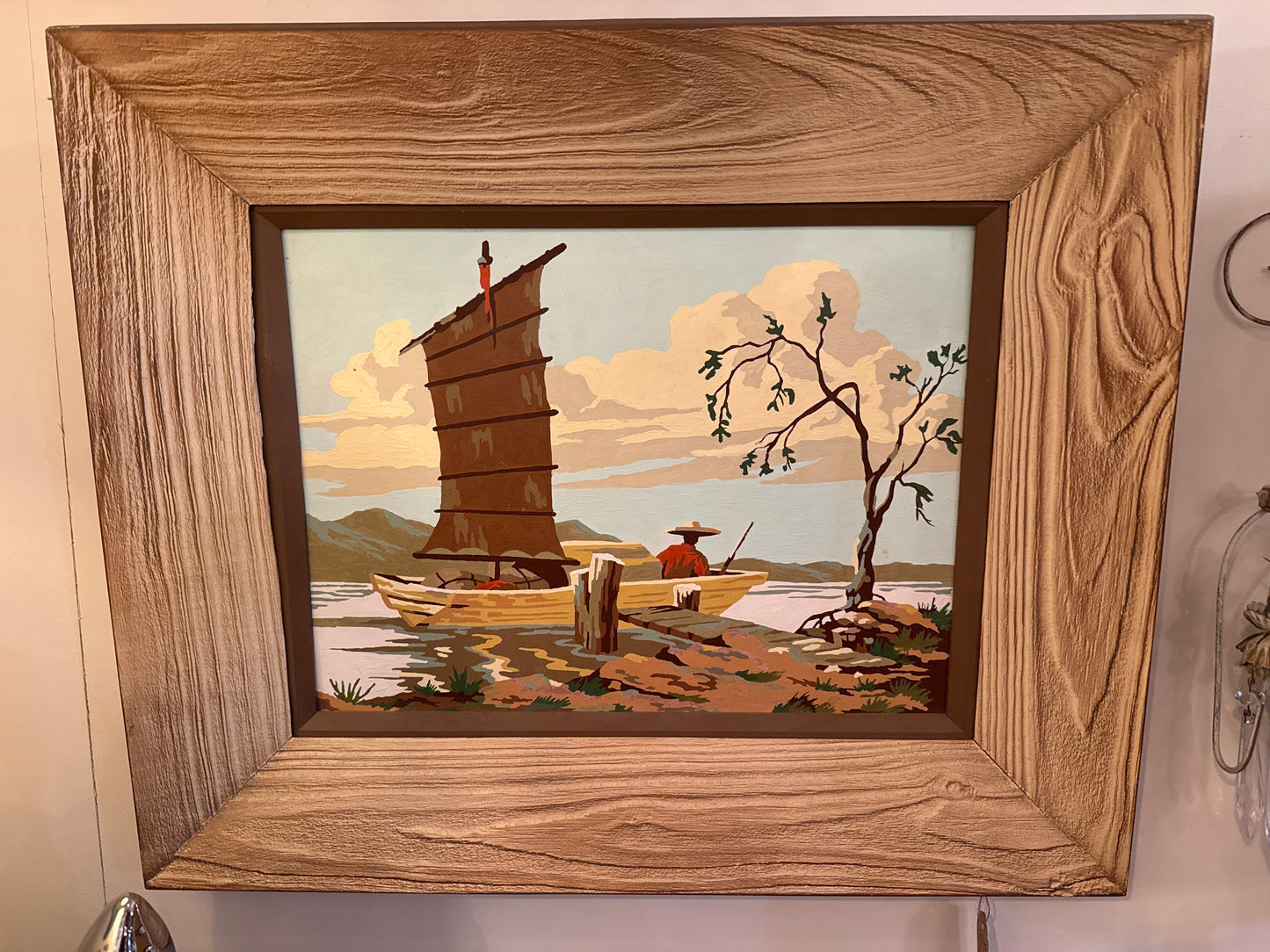 Vintage MCM Painting by Number pagoda asian inspired framed art