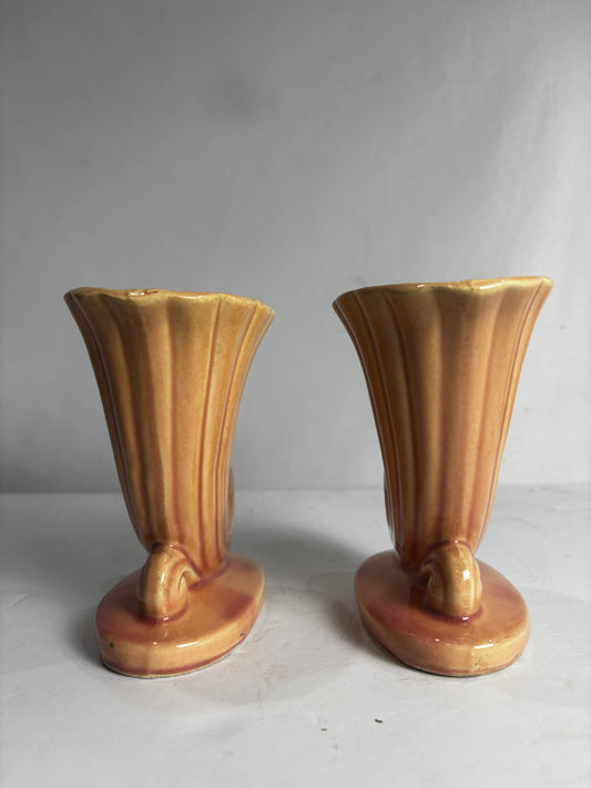Pair of Vintage USA Art Pottery Cornucopia Vases – Mid-Century Amber Brown Drip Glaze Decor CSMB