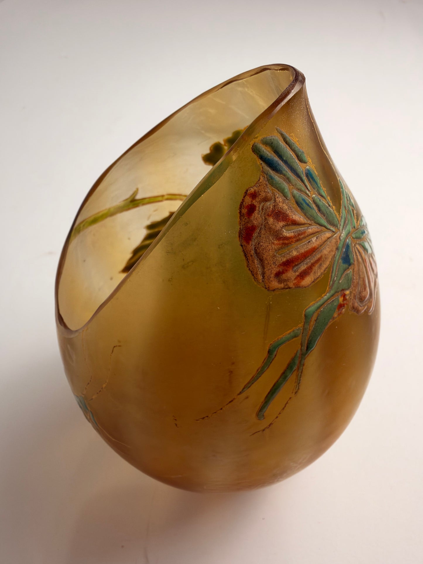 Antique Art Nouveau Enameled Cameo Glass Mantis & Leaf Vase