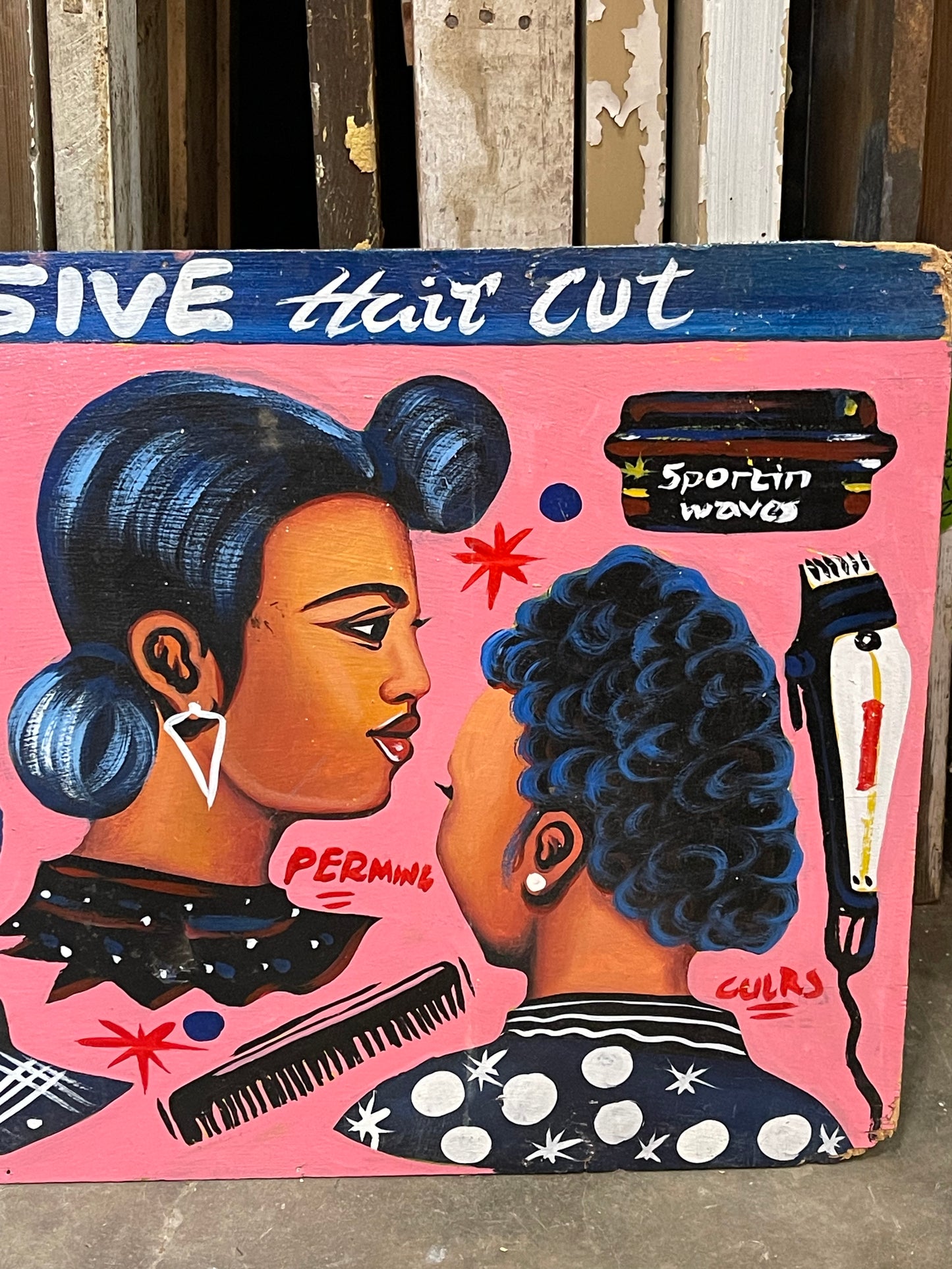 Hand painted Barbershop Hair Beauty Wall Art on thin plywood