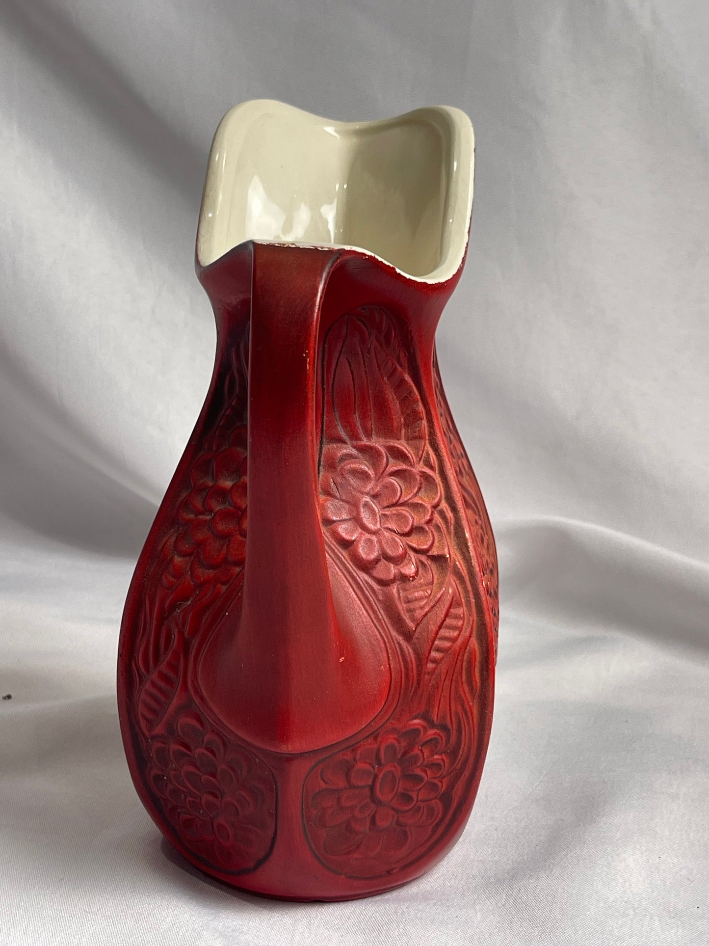 Vintage McCoy Pottery Carved Mums Red 9" Pitcher Vase
