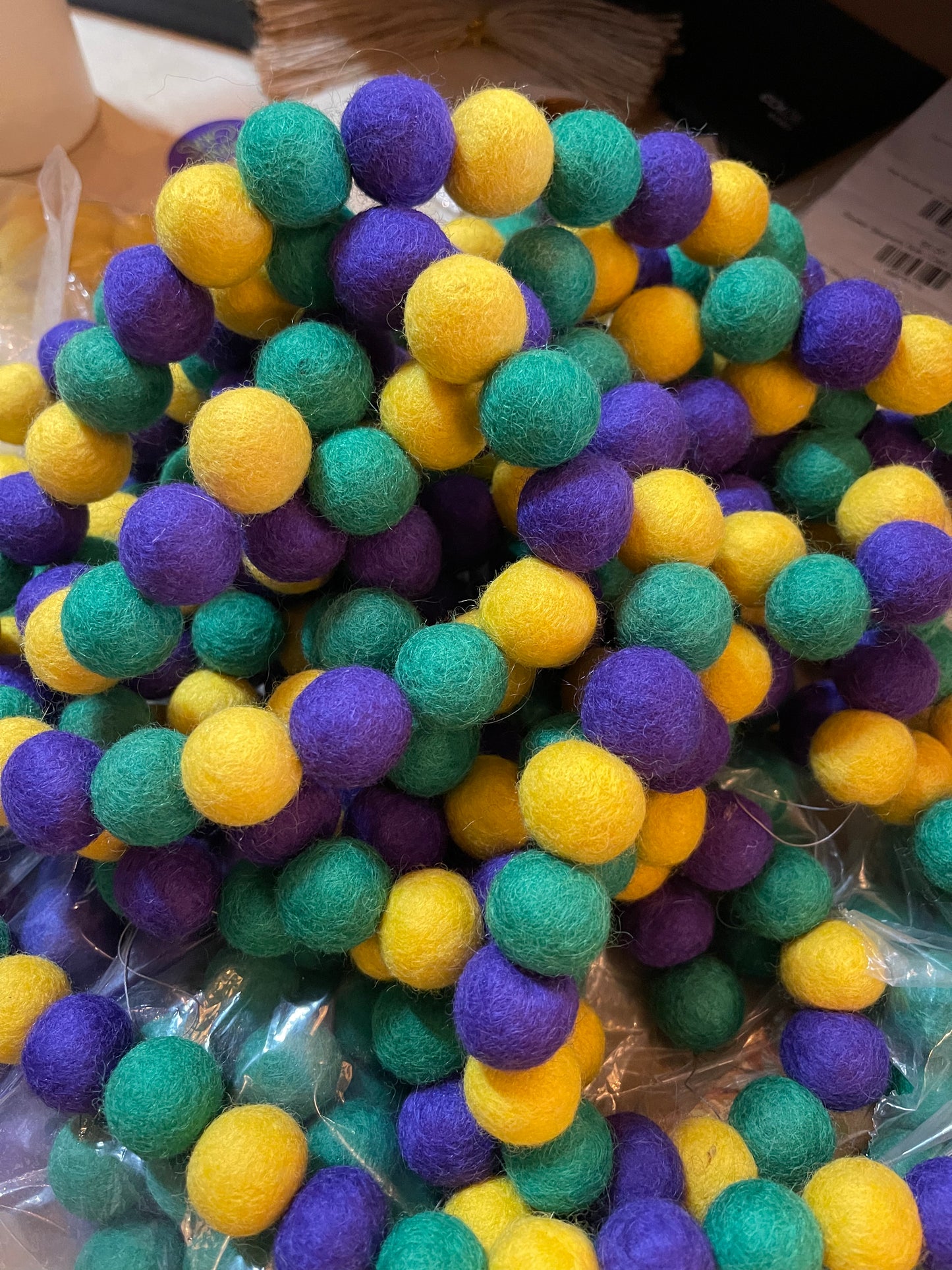 Bargeboard one of a kind felt ball Mardi Gras garland 6ft length