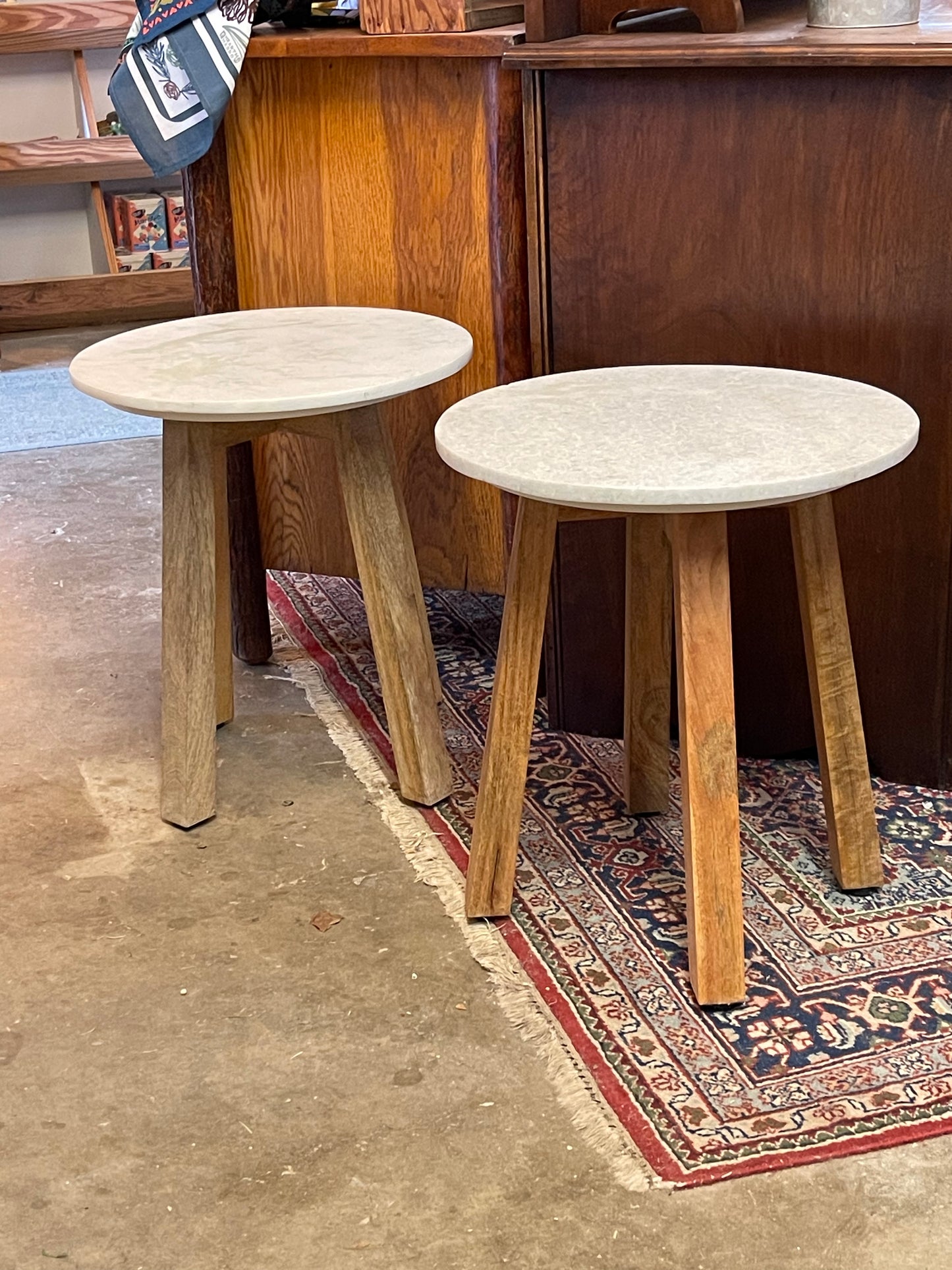 Vintage IKEA Round Stone Top Wooden Leg Side Table