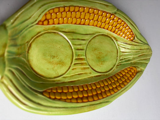 Vintage Ceramic Corn Cob Dish Green Glazed Pottery Corn Server 1971 Signed KF CSHW