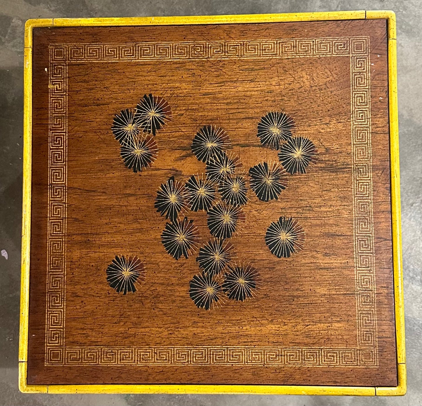 Pair of Brandt Mid-Century Decorated Mahogany Tables 20.6x20.6w x 16"h