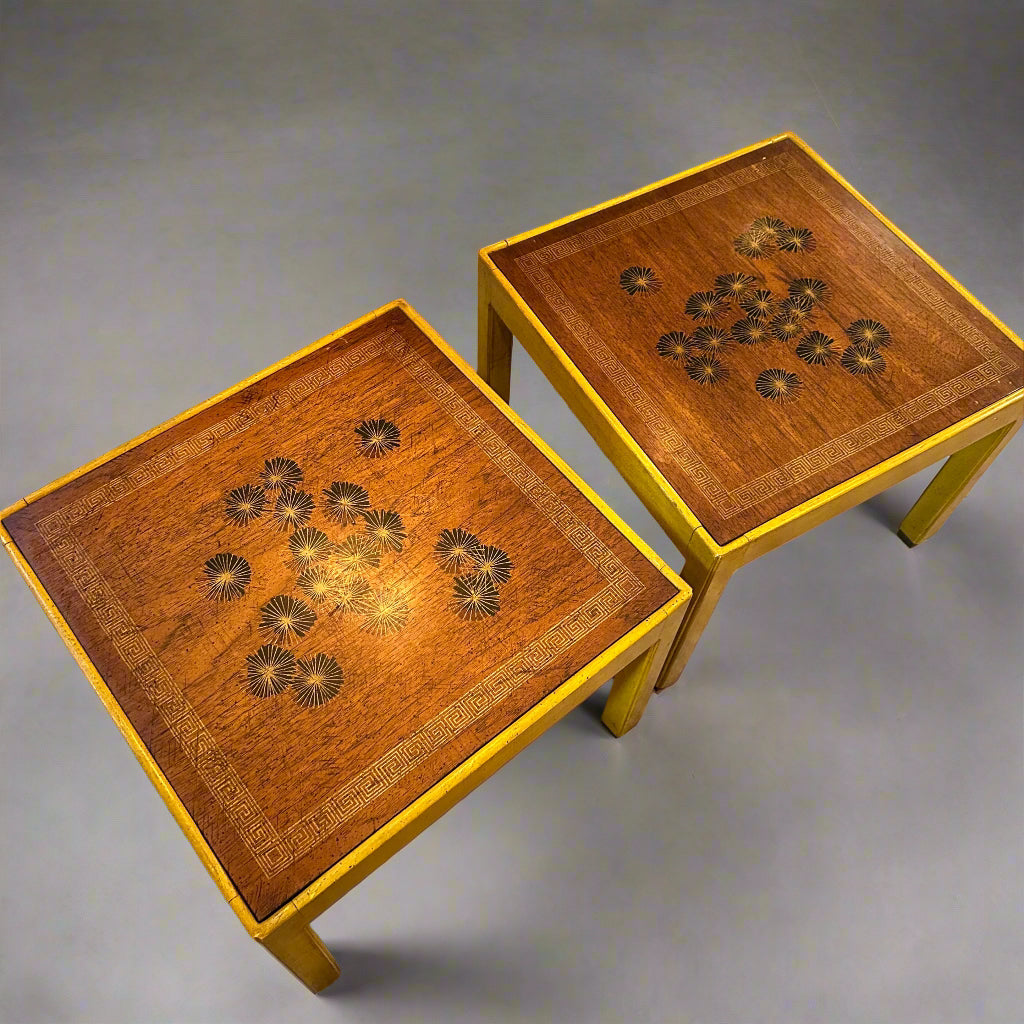 Pair of Brandt Mid-Century Decorated Mahogany Tables 20.6x20.6w x 16"h