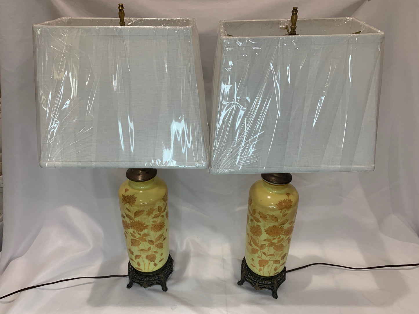 Pair of Vintage Floral Yellow Glass Lamps