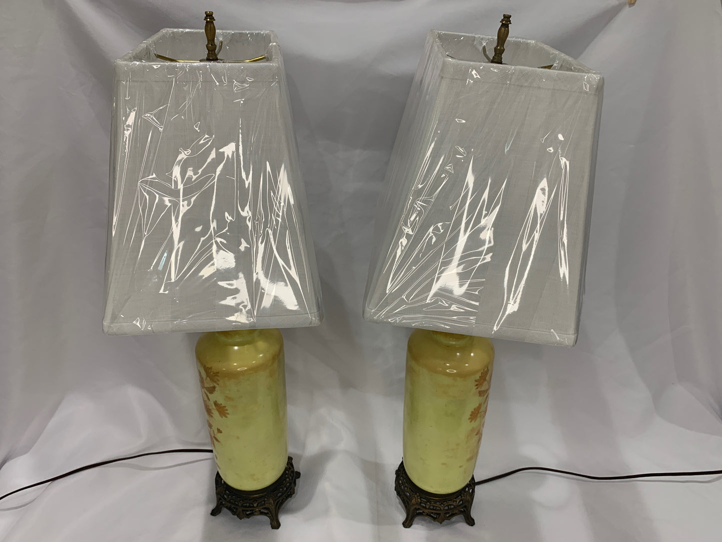 Pair of Vintage Floral Yellow Glass Lamps
