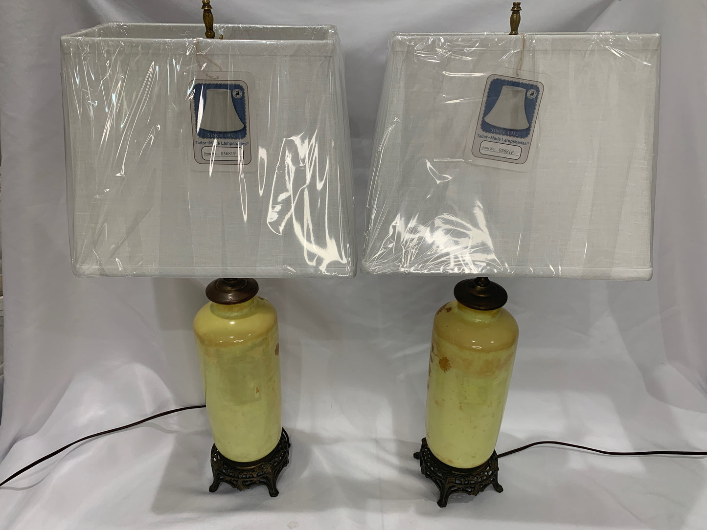 Pair of Vintage Floral Yellow Glass Lamps
