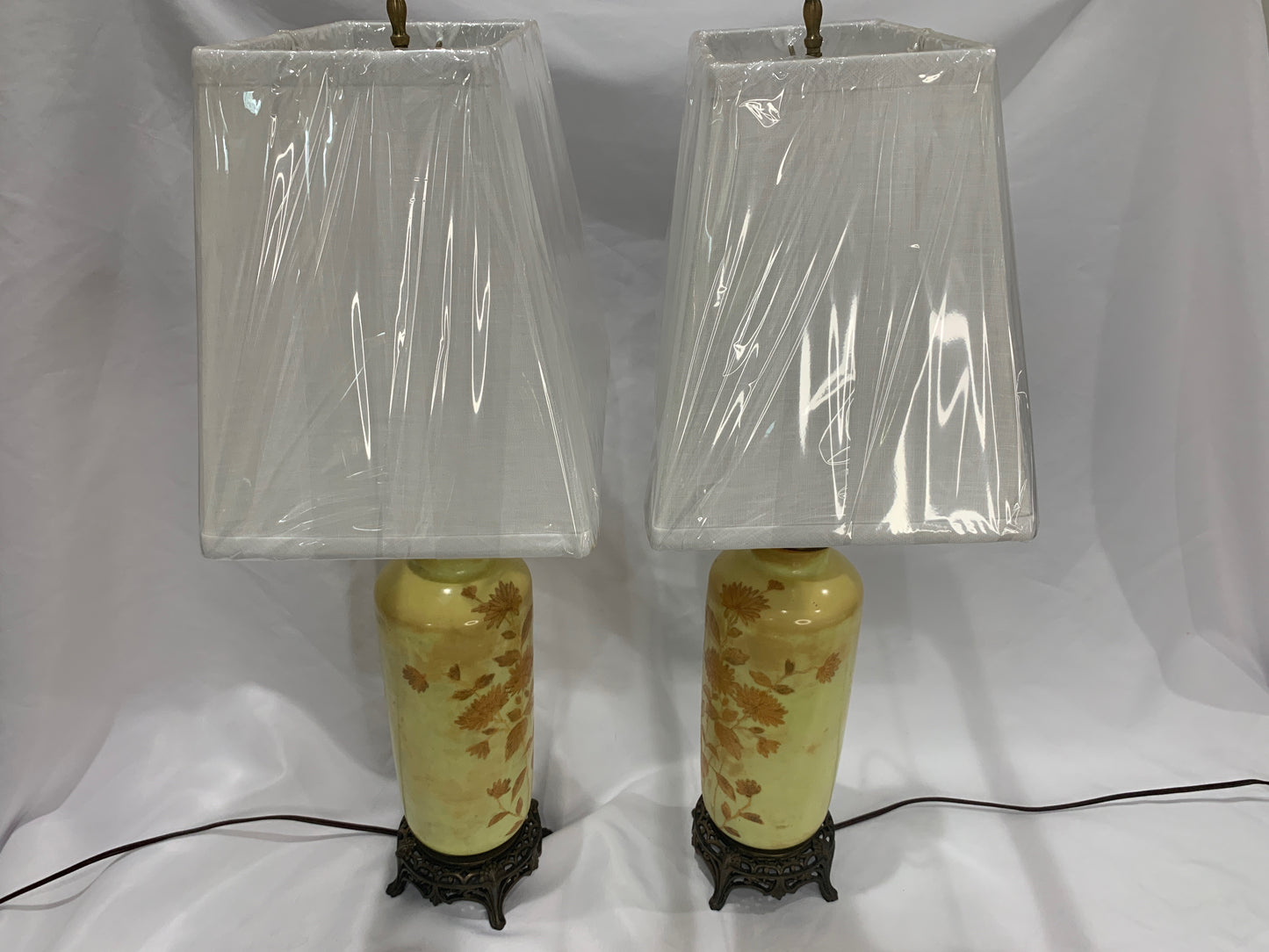 Pair of Vintage Floral Yellow Glass Lamps