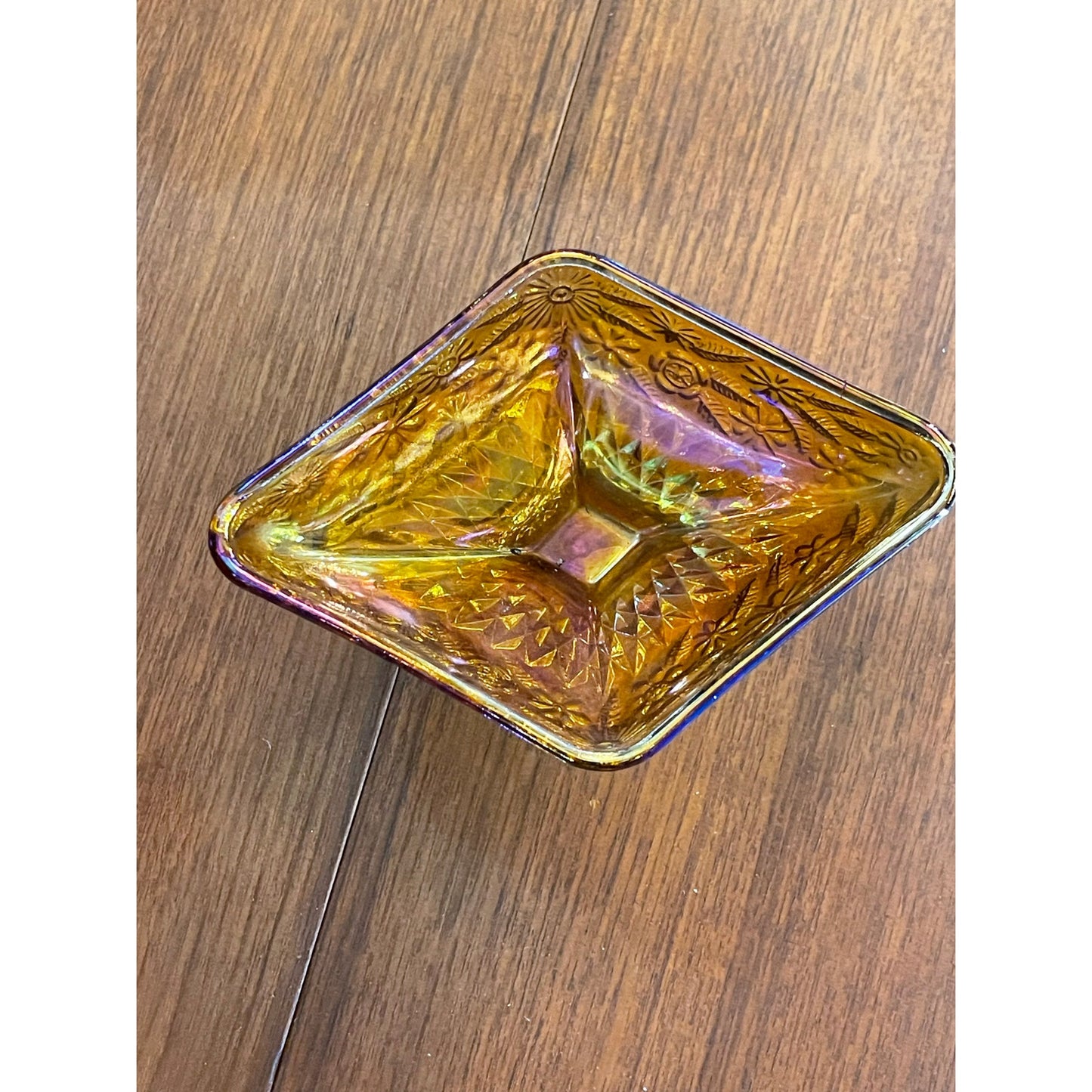 Vintage Indiana Amber Carnival Glass Pedestal Diamond Shaped Candy Trinket Bowl