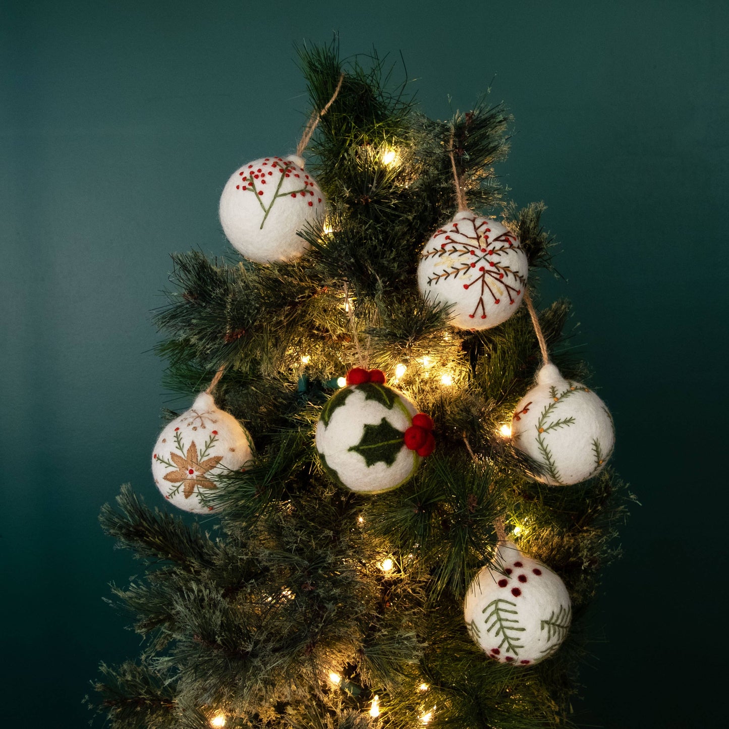 Ornament - Holiday Felt Ball Hand Embroidered White Assorted