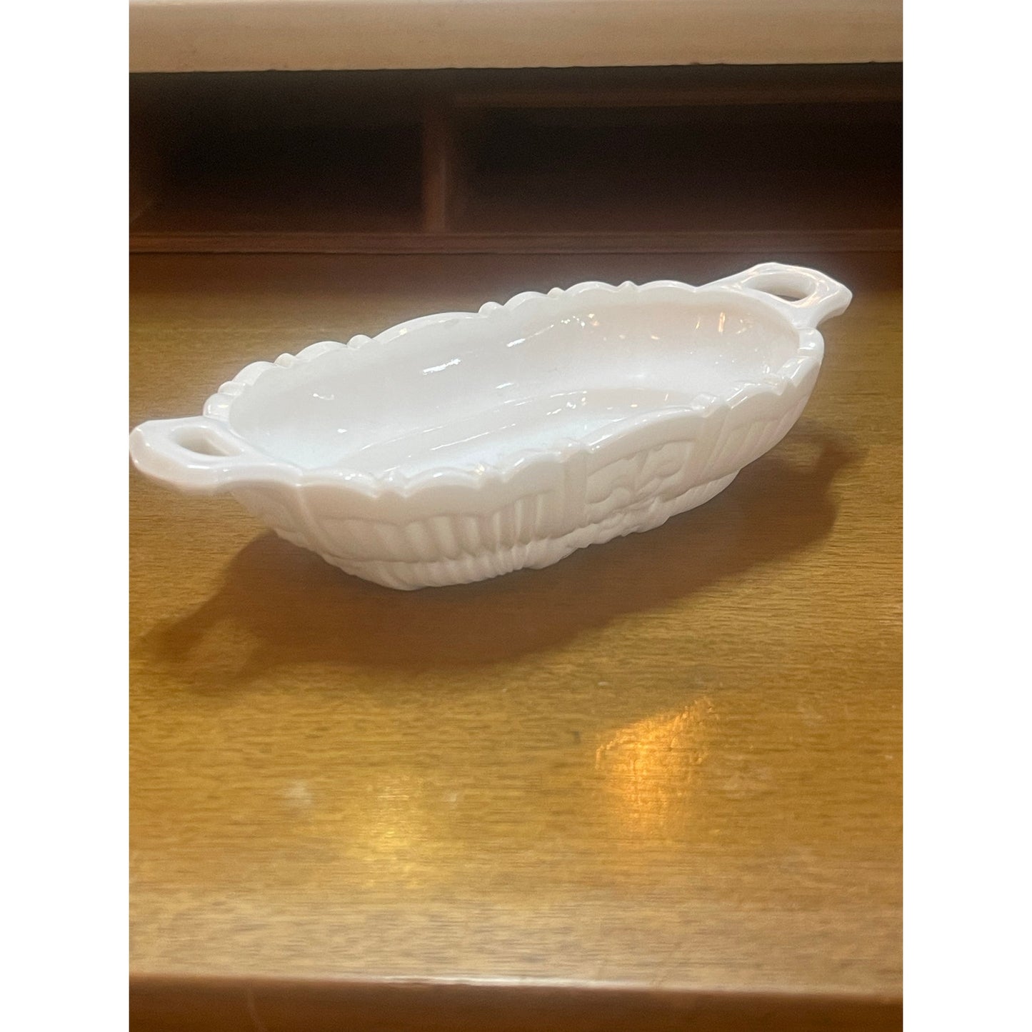 Vintage white double handle glass trinket bowl