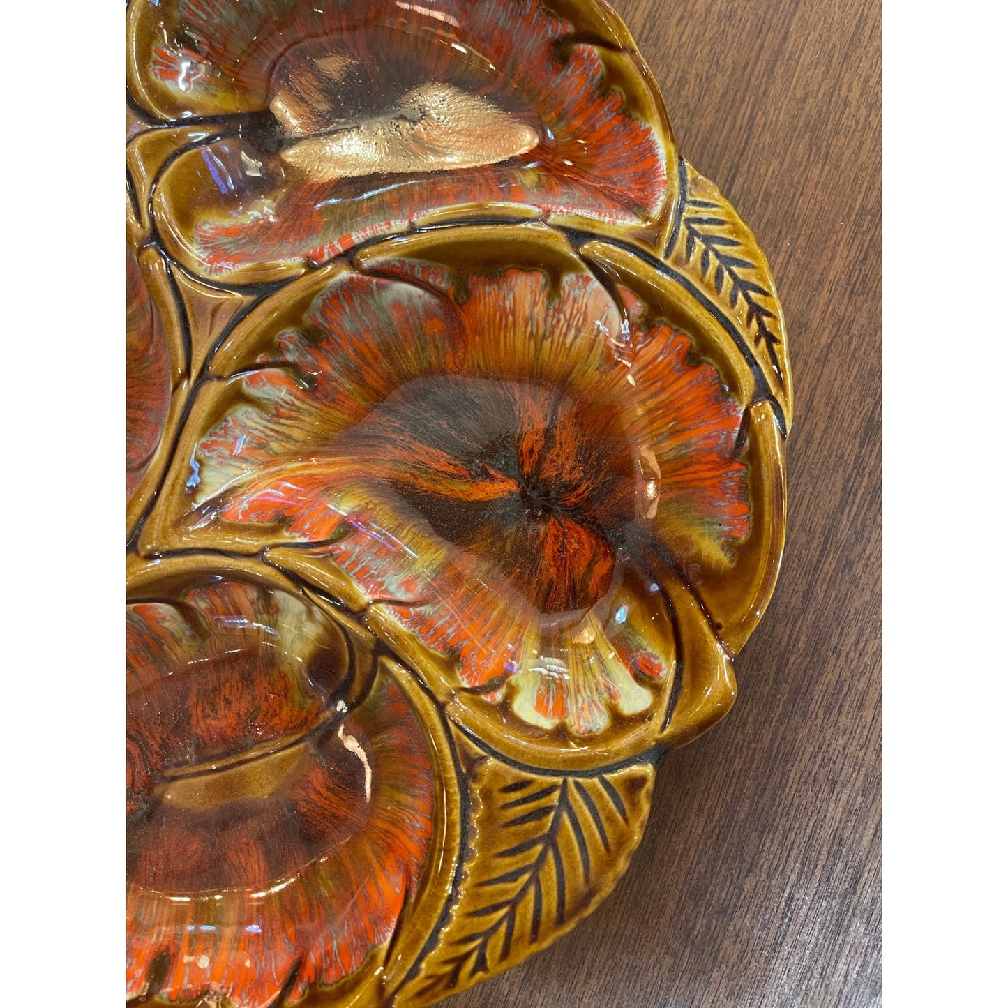 Vintage Maurice USA ceramic pottery 4 leaf divided serving relish dish