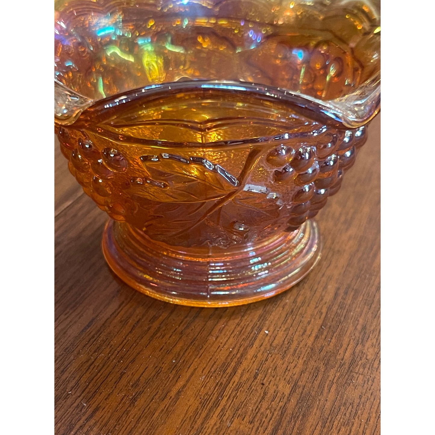 Vintage Imperial Glass Carnival Glass Grape and Leaf Design pedestal 4.5" bowl