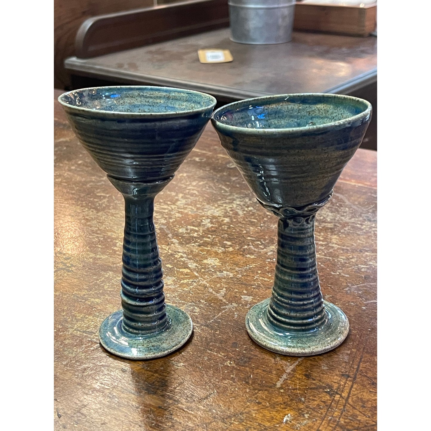 Handmade unsigned Pottery spiral stem goblet chalice cup pair