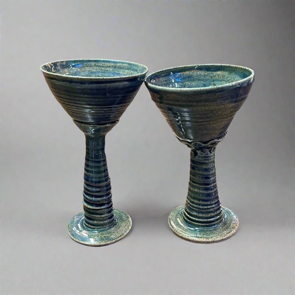 Handmade unsigned Pottery spiral stem goblet chalice cup pair