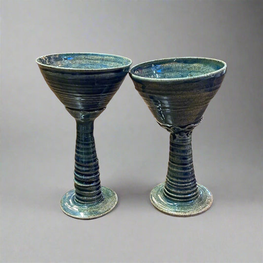 Handmade unsigned Pottery spiral stem goblet chalice cup pair