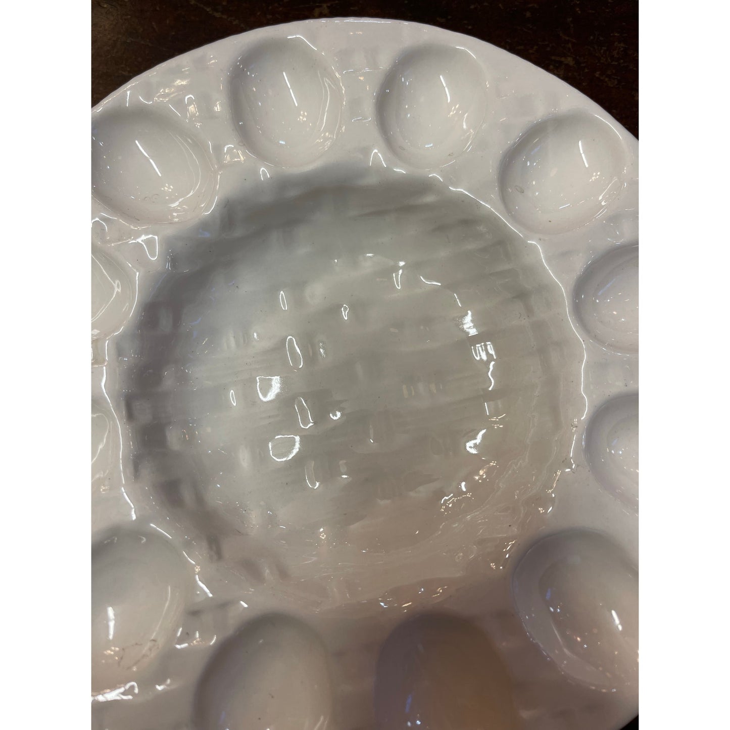 Vintage California Pottery white basket weave textured deviled egg serving plate