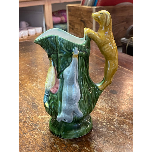 Vintage Majolica Hunting Dog Greyhound Rabbit Duck Handled Footed Pitcher