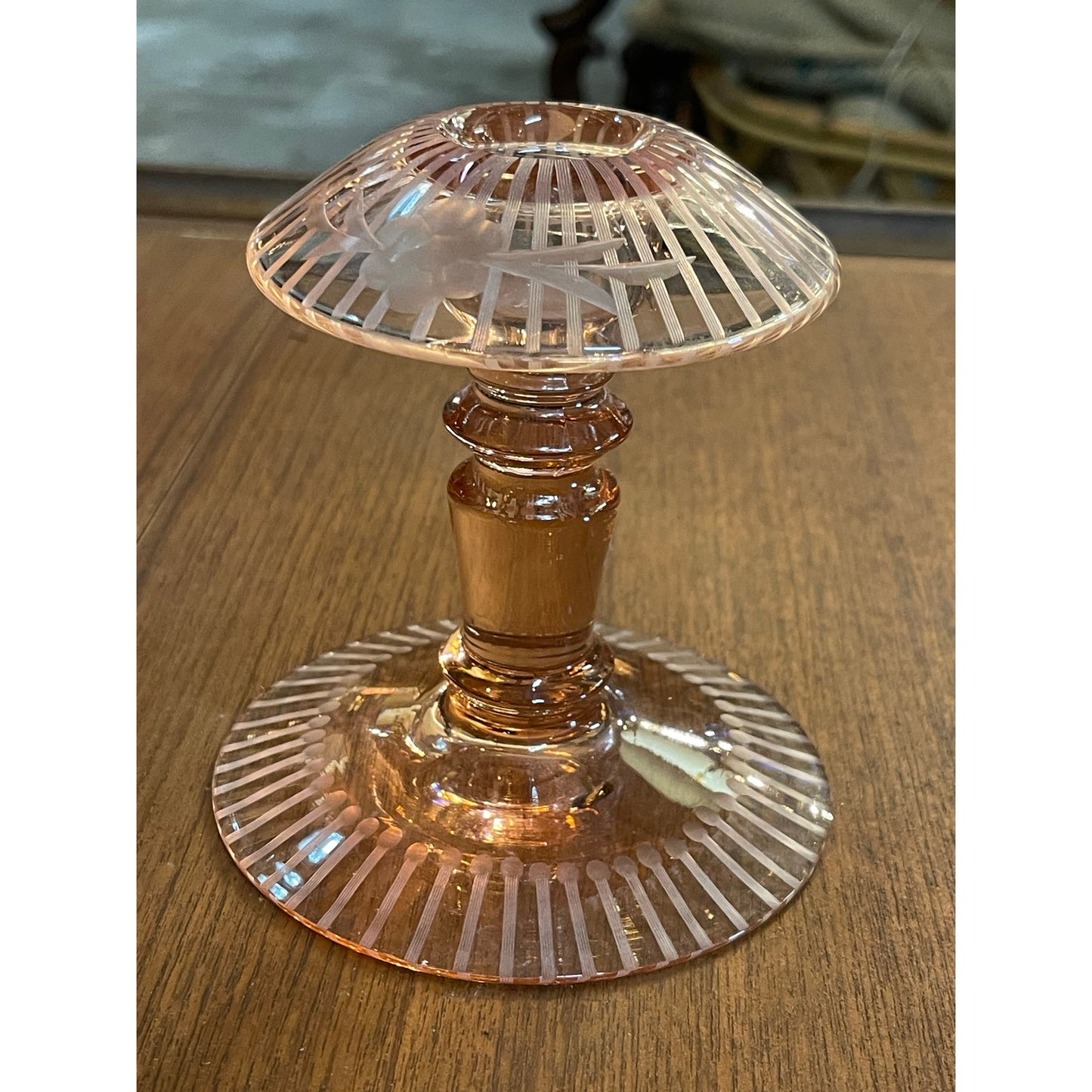 Vintage Pink Depression Glass floral etched 4.5" candle stick holder set of 2