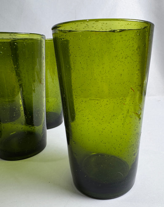 (6) hand-blown avocado green seeded glasses. CSBH