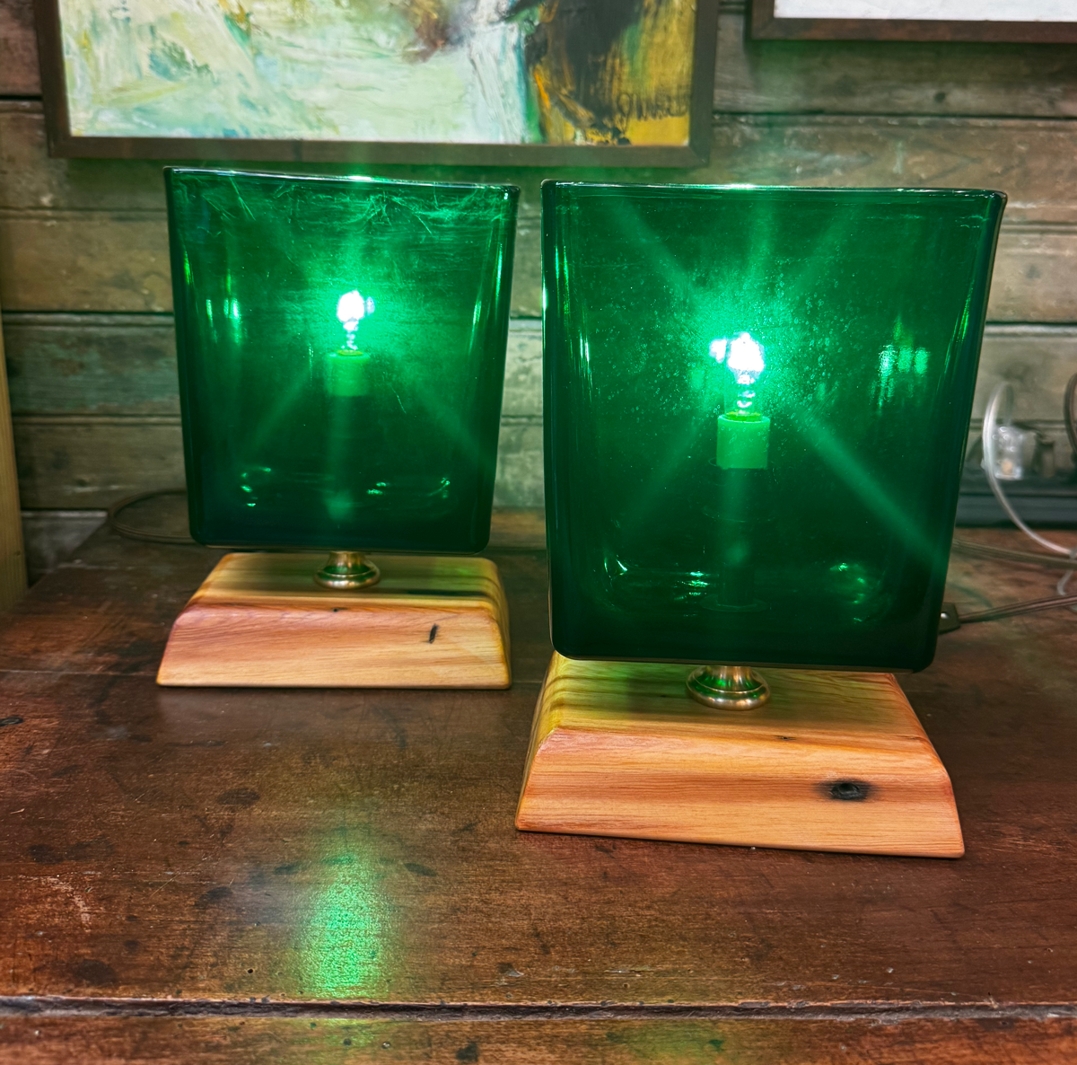 One-of-a-kind lamps. Made by Bargeboard. (2)