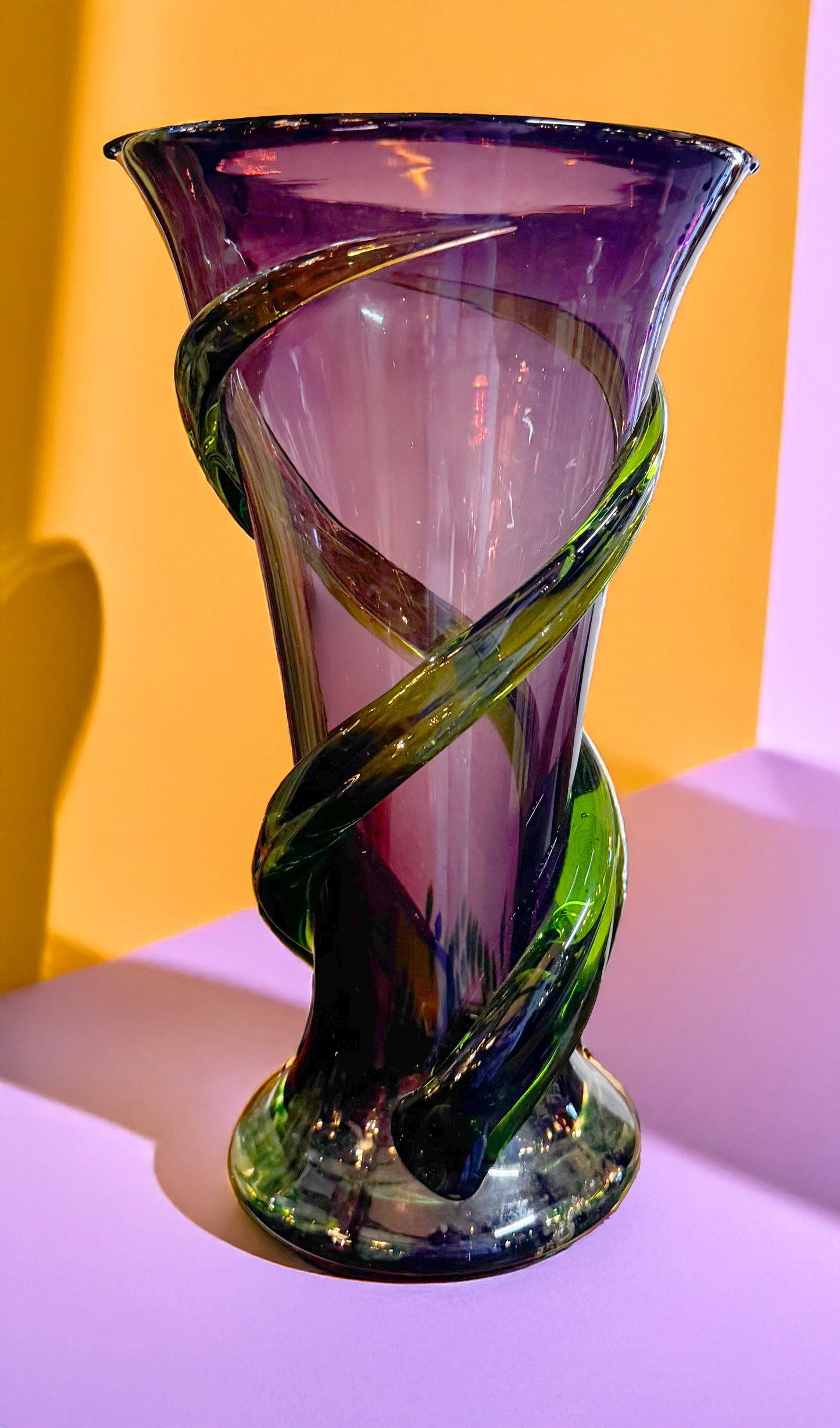 Hand Blown Purple and Green Vase 9.5"