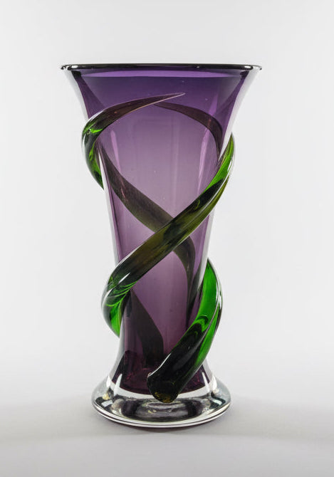 Hand Blown Purple and Green Vase 9.5"