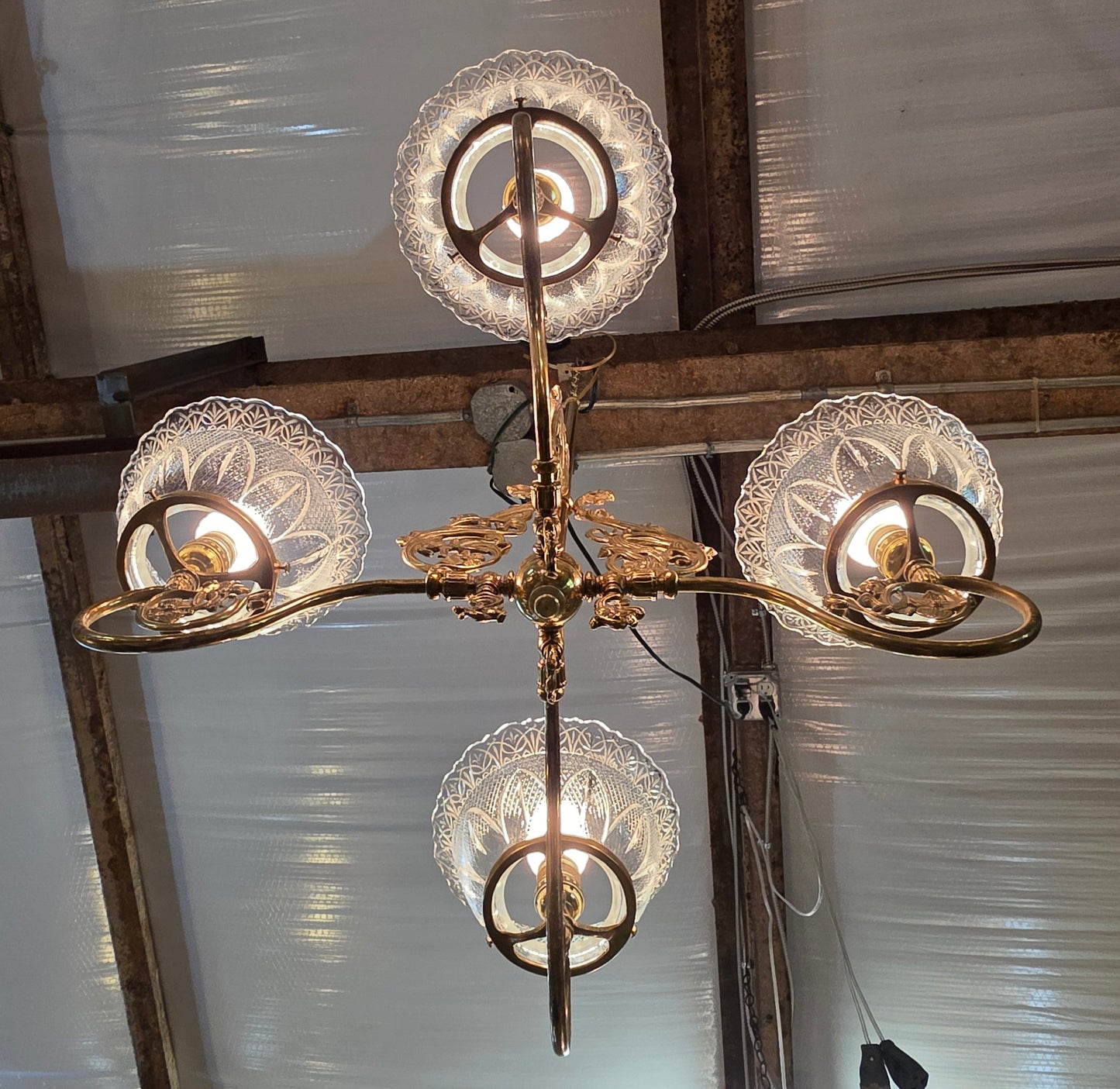 Vtg. Ornate Brass/Glass Chandelier