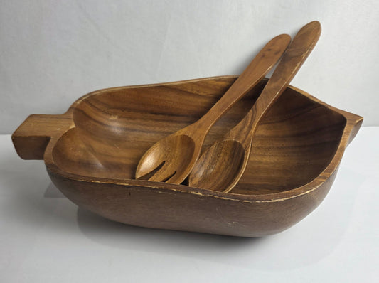 Vtg. Monkey Pod Wood Pear-Shaped Salad Bowl Set (10)