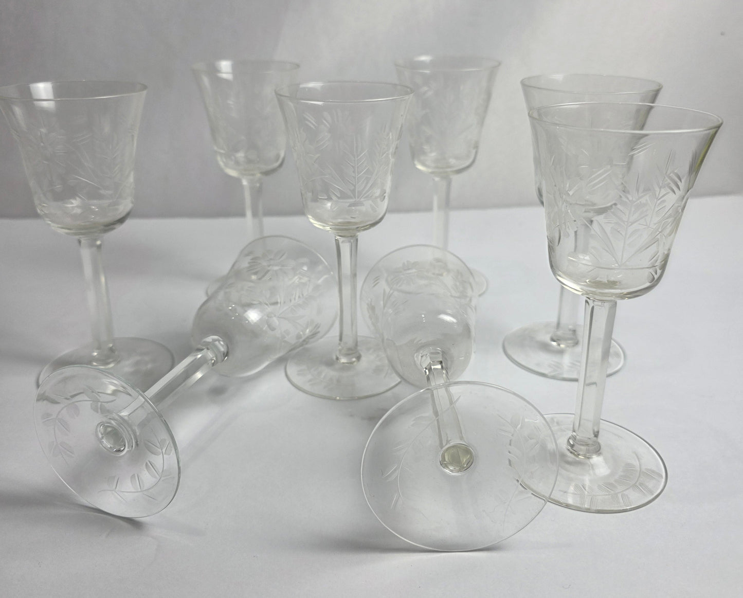 Set of Vtg. Floral Etched Cordial Glasses (8)