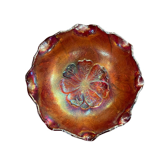 Vintage Red Iridescent Carnival Acanthus Leaf footed 6.75" bowl