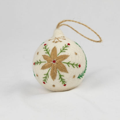 Ornament - Holiday Felt Ball Hand Embroidered White Assorted