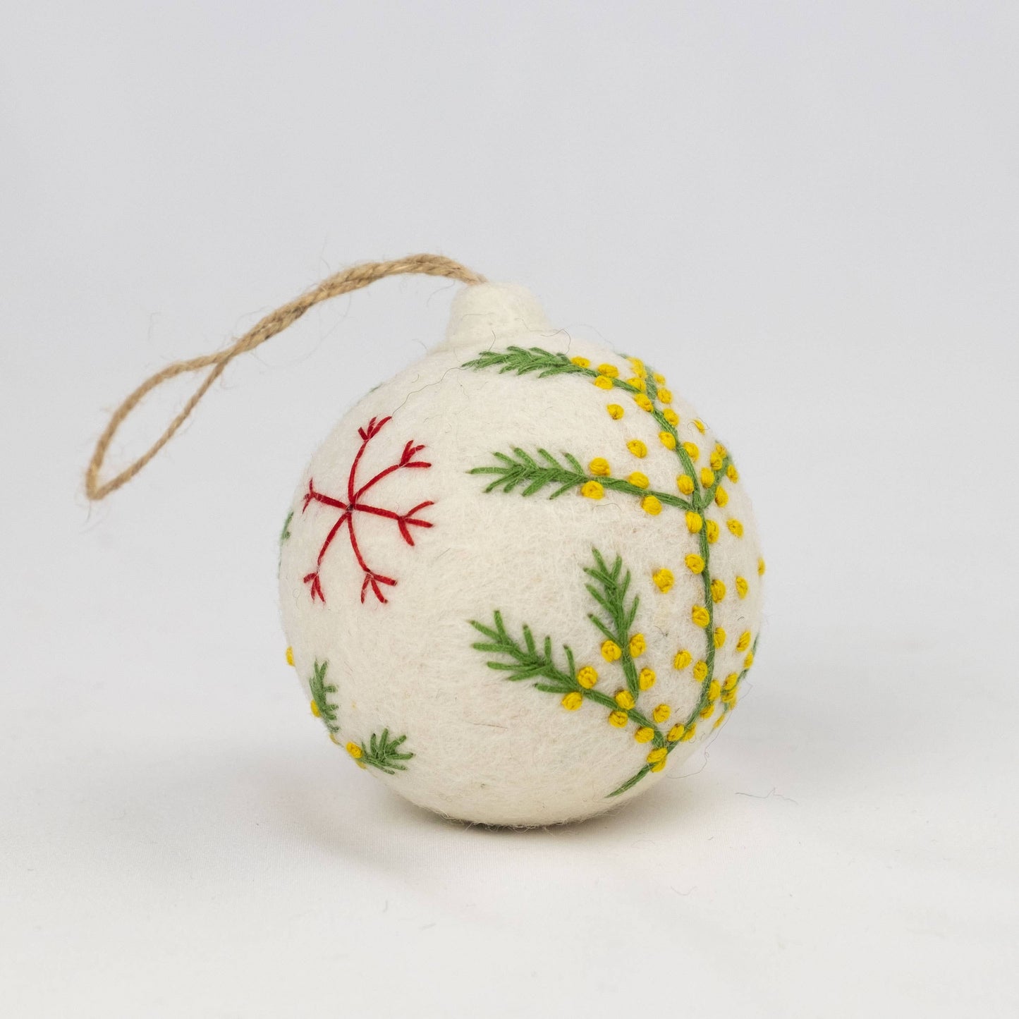 Ornament - Holiday Felt Ball Hand Embroidered White Assorted