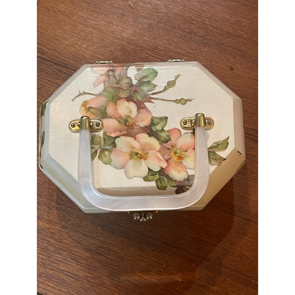 Vintage 1976 Signed Decoupage lucite handle pink velvet lined jewelry box purse