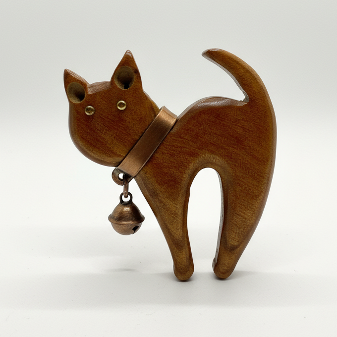 Vtg Carved Wood Cat Pin CSBH