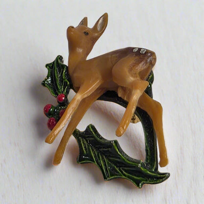 Vtg. Deer Brooch Holly