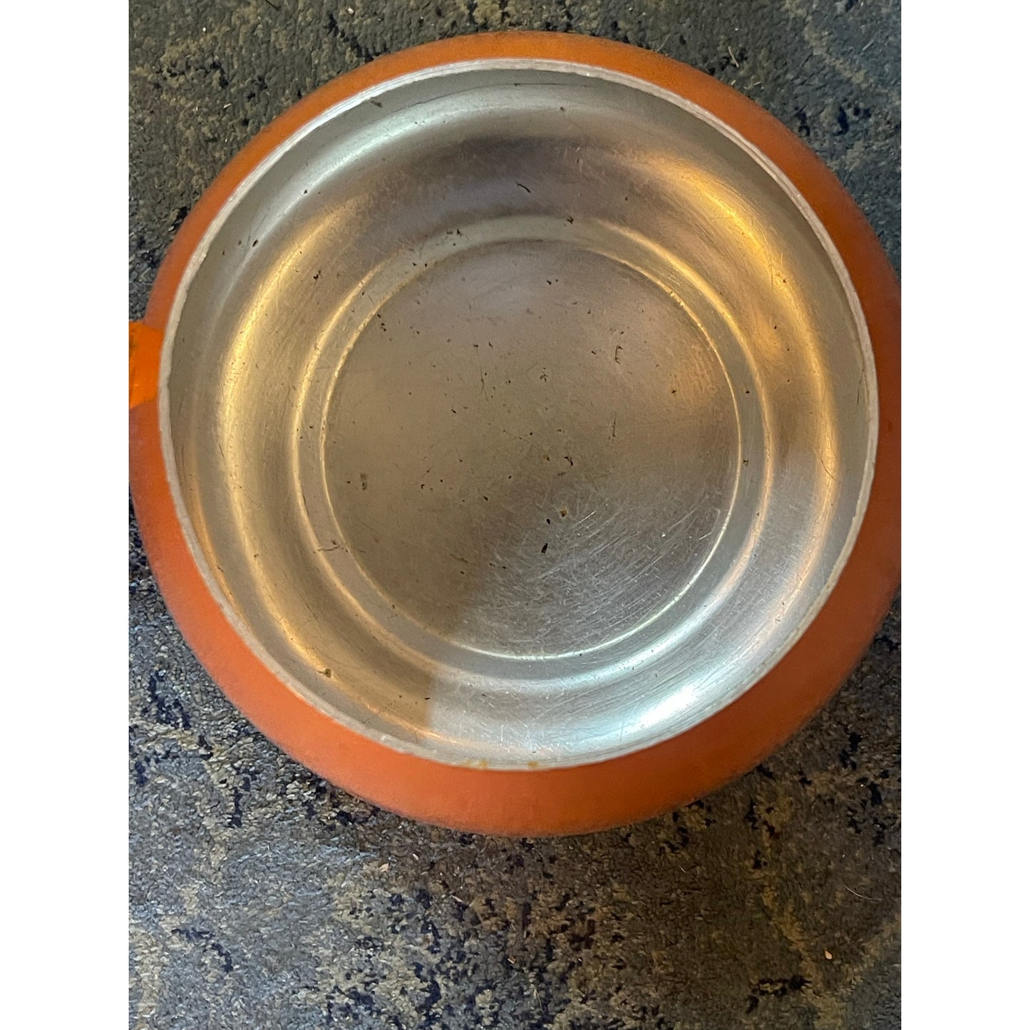 Vintage MCM Mid-Century Modern orange enamel over aluminum lidded fondue pot