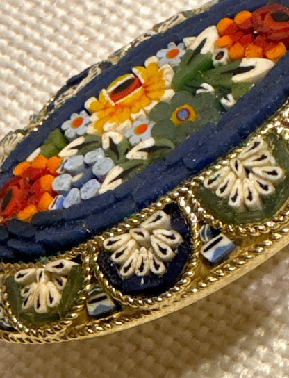 Vintage Italian Floral Micro Mosaic Oval Brooch – Hand-Set Glass Tesserae – Made in Italy csbh