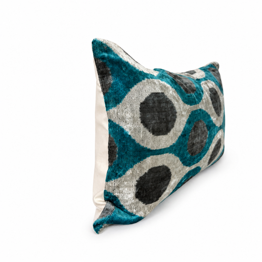 Blue Gray Silk Velvet Ikat Pillow 16x24