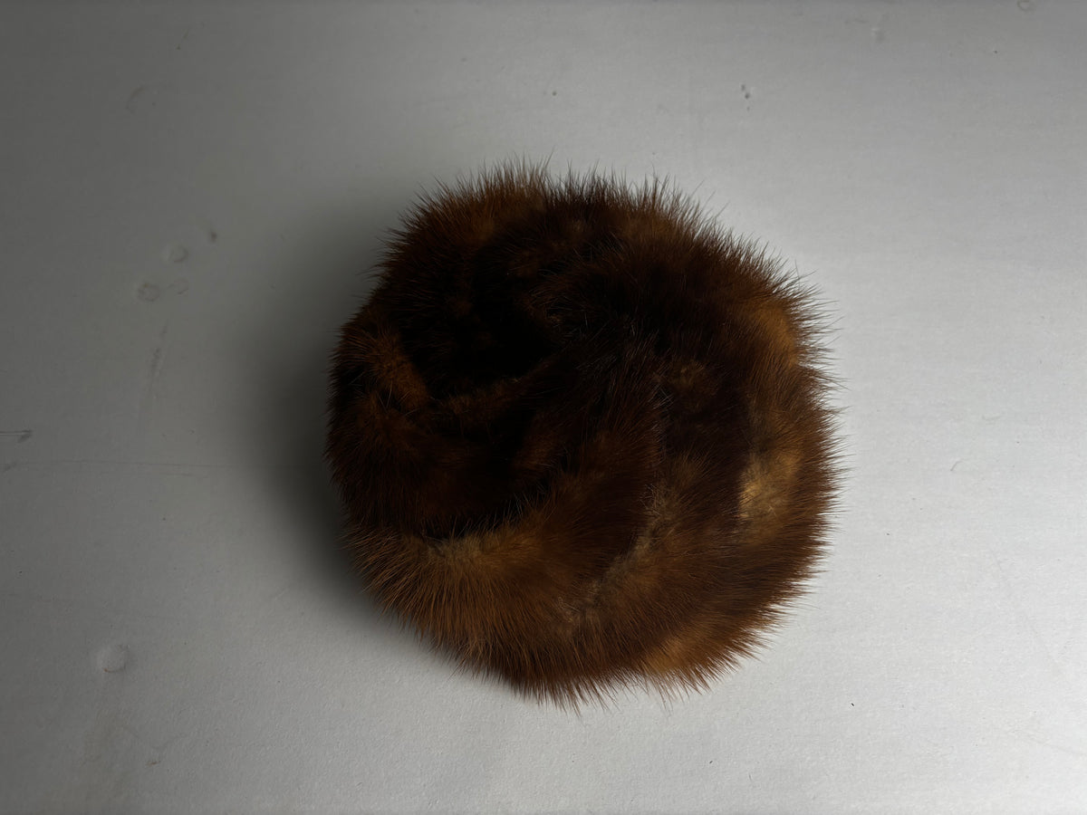 Vintage Brown Mink Fur Pillbox Hat with Satin Lining & Hair Comb Fastener CSHW