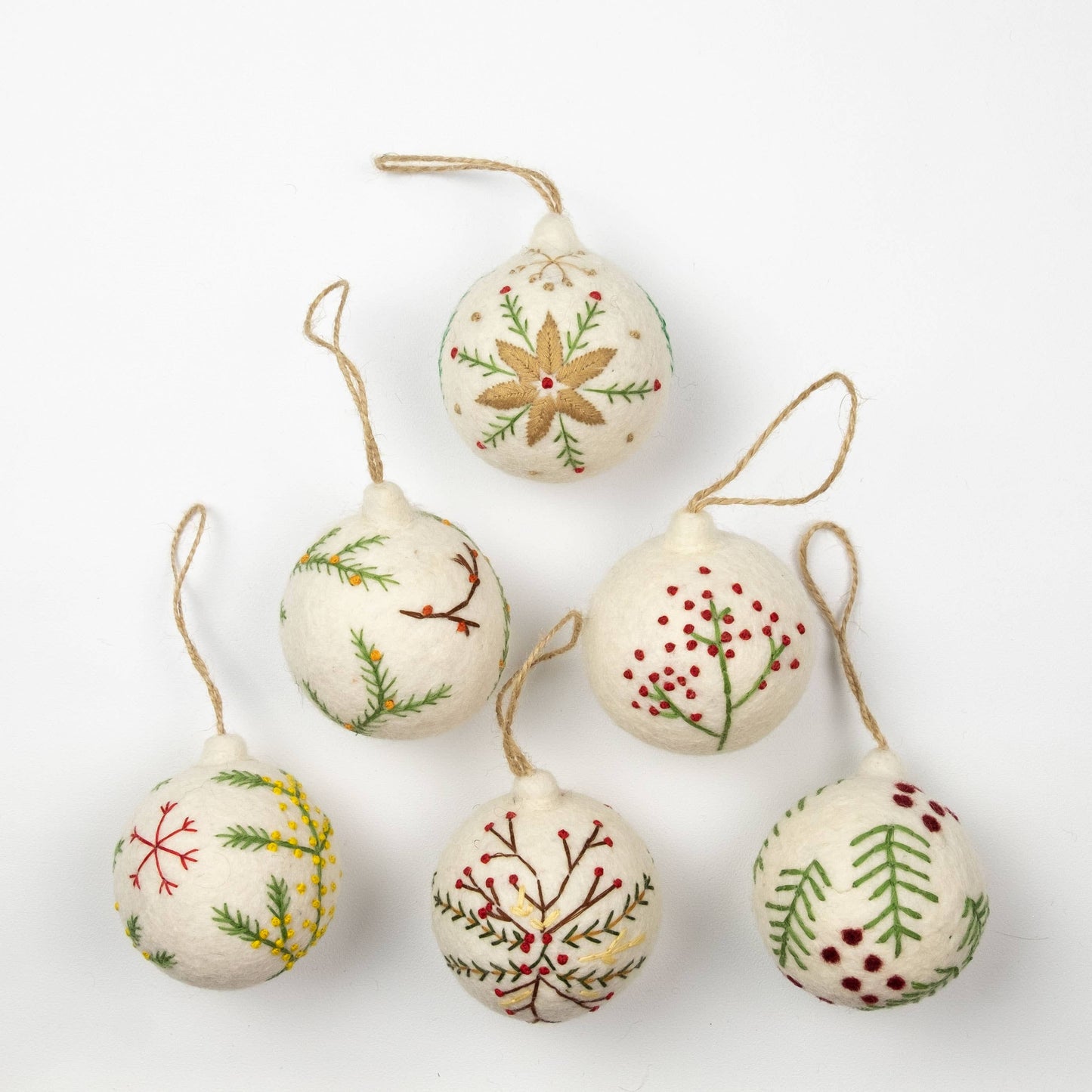 Ornament - Holiday Felt Ball Hand Embroidered White Assorted