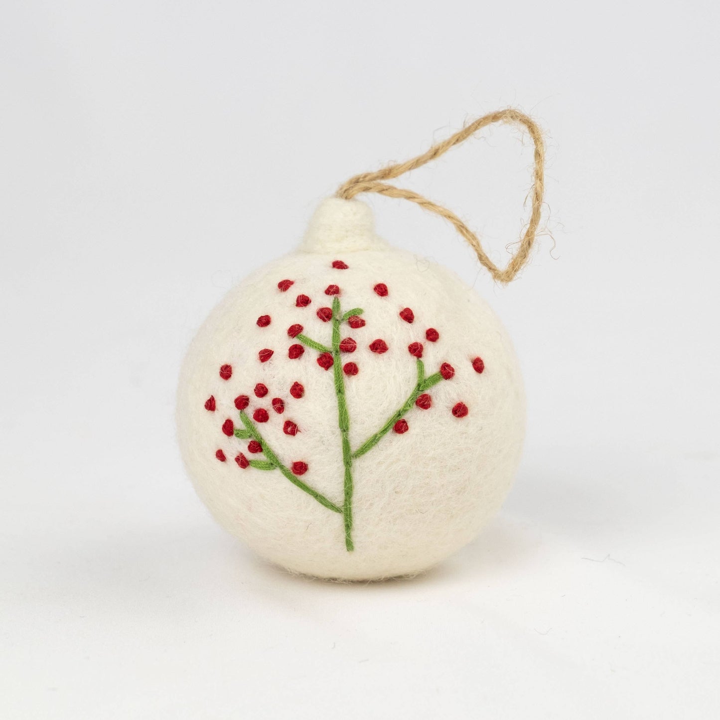 Ornament - Holiday Felt Ball Hand Embroidered White Assorted