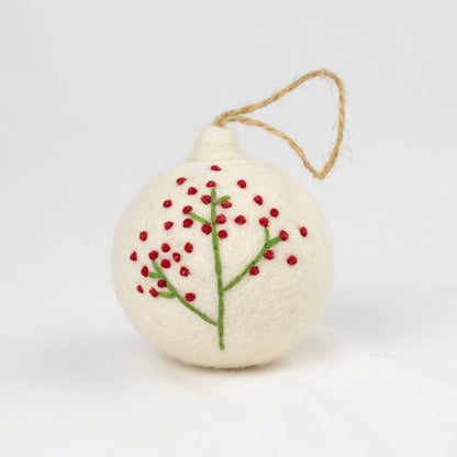 Ornament - Holiday Felt Ball Hand Embroidered White Assorted