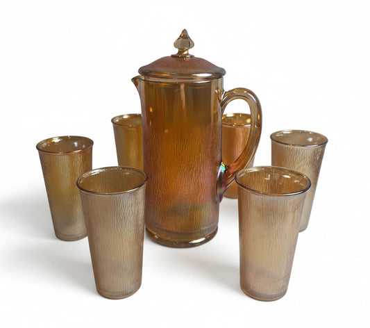 Vtg. Carnival Glass Pitcher/Glass Set (7)