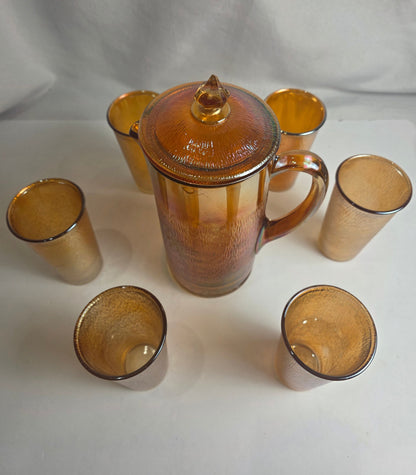 Vtg. Carnival Glass Pitcher/Glass Set (7)