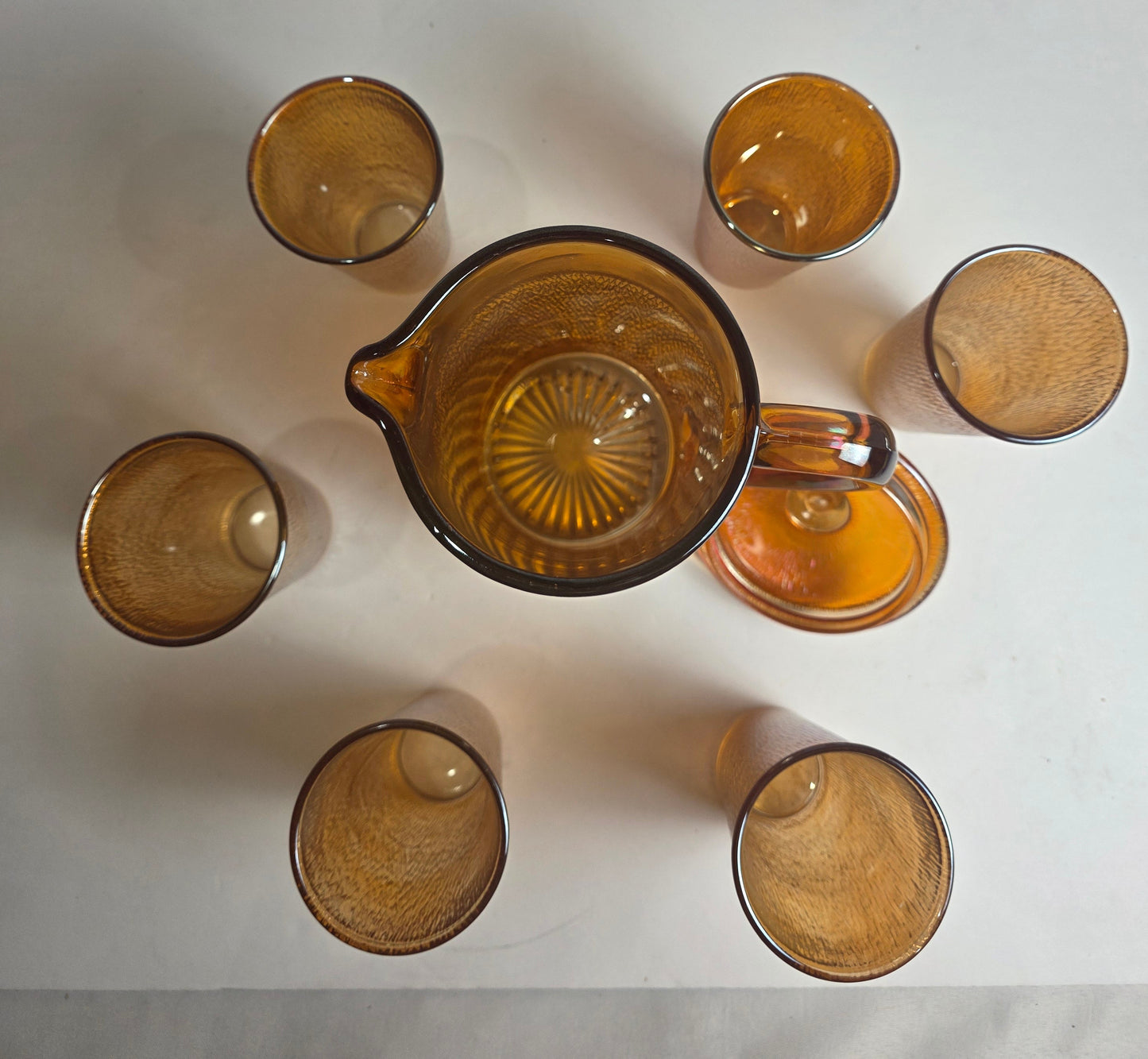 Vtg. Carnival Glass Pitcher/Glass Set (7)